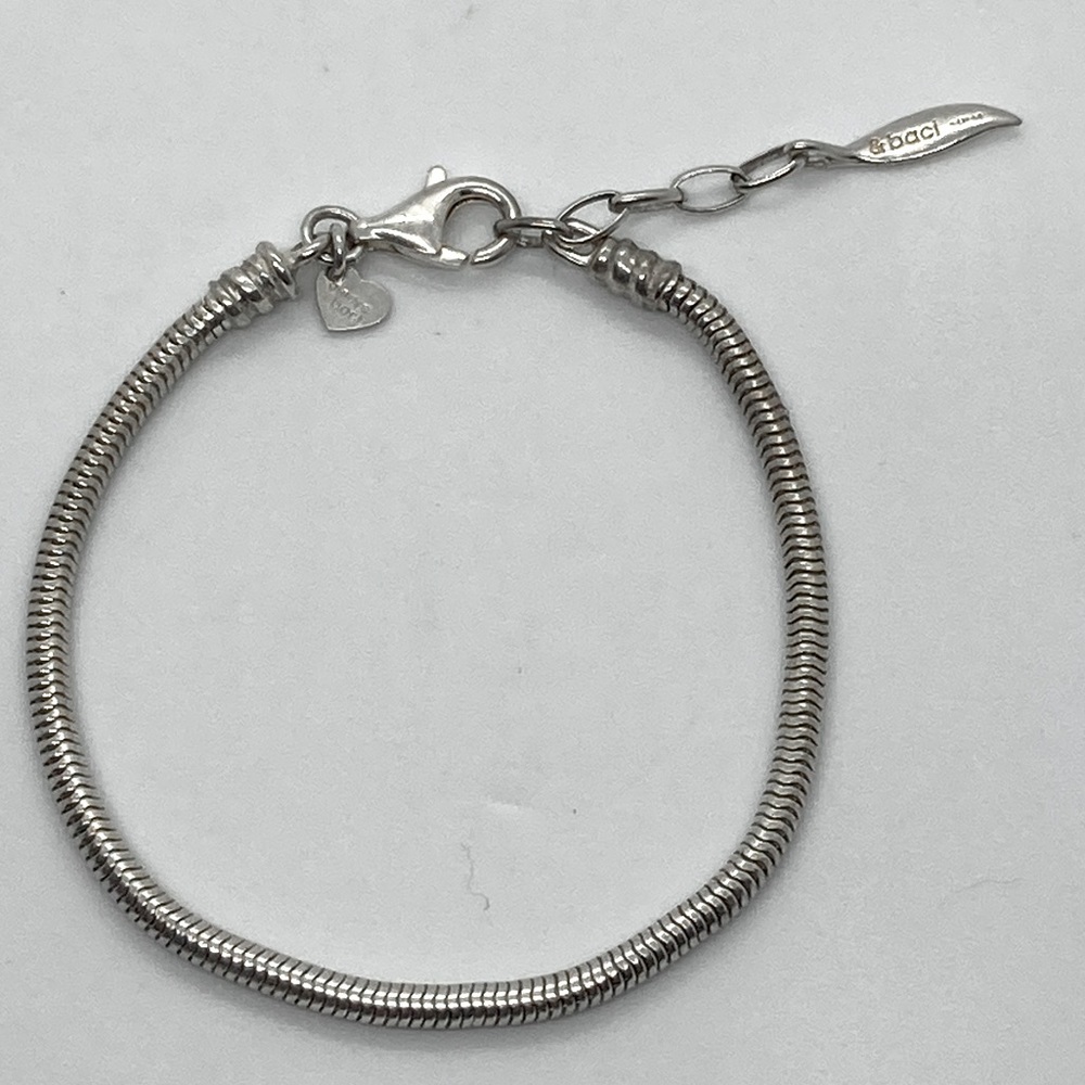 Amore and Baci Sterling Snake Chain Charm Bracelet w Lobster Clasp / 7” - 8” L